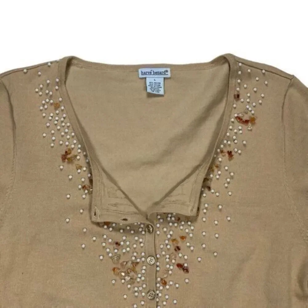 Harve Benard Sweater Womens Large Beaded Pearls Embellished Cardigan Granny Core
